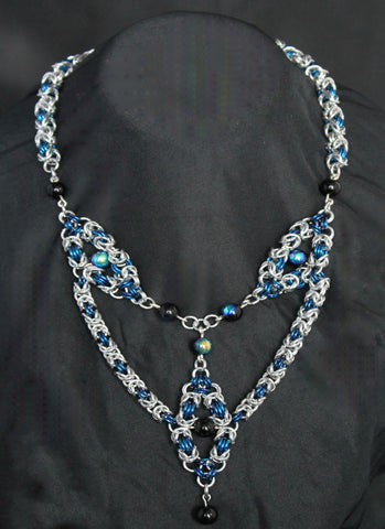 Byzantine Trinity Silver and Blue Necklace with Blue Aurora Borealis beads