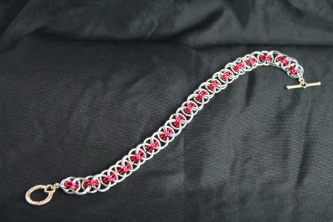 Celtic Helm weave bracelet in silver and red